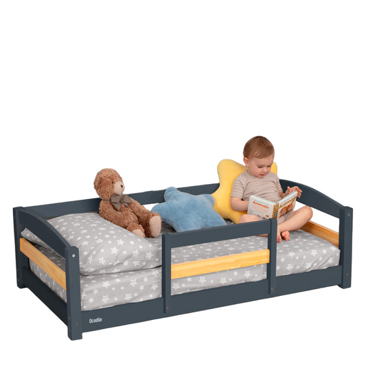 Crib Size Wooden Floor Bed Frame with Rails for Toddlers Age 1–3