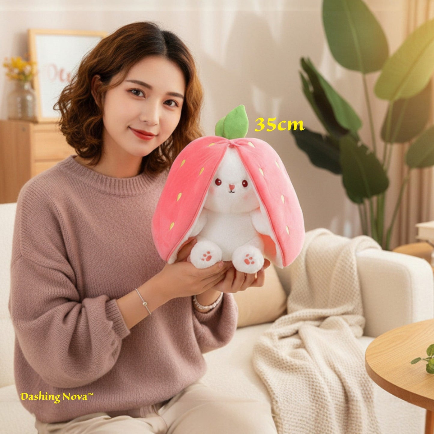 Reversible Strawberry Bunny Plush Toy Soft Polyester Stuffed Animal for Kids Hide and Seek Transforming Toy